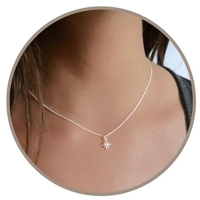 Annika Bella Star Necklace, Tiny Cubic Zirconia North-Star Pendant, 925 Sterling Silver Chain, Celestial Necklaces, Womens Jewelry, Gift for Her (Silver)