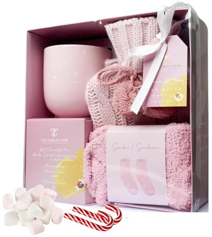 Geschenkset für heiße Schokolade mit Tasse, Marshmallows, Mini-Geschenksets für Winter-Wärmflaschen, Socken und Zuckerstange, Geschenkset für Wärmflaschen, Geschenke für Männer, Geschenke für Frauen