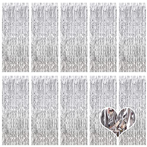 10 Pack Silver Backdrop Curtain 3.2ft x 8.2ft Metallic Tinsel Foil Fringe Curtains Photo Booth Background for Birthday Party Decoration Baby Shower Engagement Wedding Christmas Decoration (Silver)