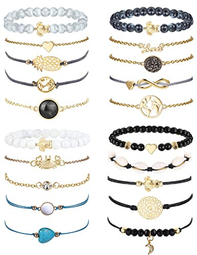 Morfetto 20 Stück geschichtetes Armbandset für Damen Mehrfach stapelbares Wickelarmband Schildkröte Ananas Türkis Herz Pfeil Feder Lotus Sortierte Perlenarmbänder Verstellbarer Schmuck Schwarz