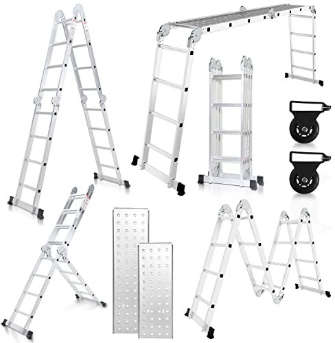 Gimisgu Aluminium Mehrzweckleiter, 4x4 Stufen Multifunktionsleiter, 16 Sprossen, 470 cm Länge klappbar Leiter, Tragbar und Stabil Gelenkleiter, Haushaltsleiter bis 150 kg, Silber