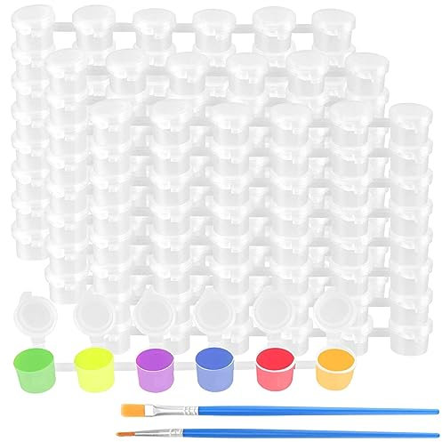 JAPCHET 150 Strips 900 Pots 3ml Mini Empty Paint Pots with Lids, Paint Pots Strips with Paint Brushes Set, Small Clear Paint Container Strips Storage for Arts, Crafts