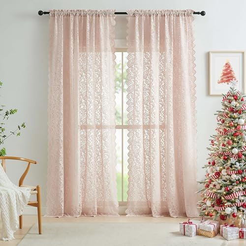 Bujasso Pink Lace Sheer Curtains 72 inch Vintage Floral Sheer Window Curtain Panels for Living Room Girls Bedroom Romantic Light Filtering Pink Drapes Window Treatment Sets Rod Pocket 54 Wx72 Lx2