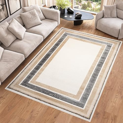 TAPISO Hera Teppich Kurzflor Creme Beige Weiß Grau Glänzend Modern Rahmen Edel Design Glanzeffekt Wohnzimmer Schlafzimmer ÖKO-TEX 160 x 220 cm