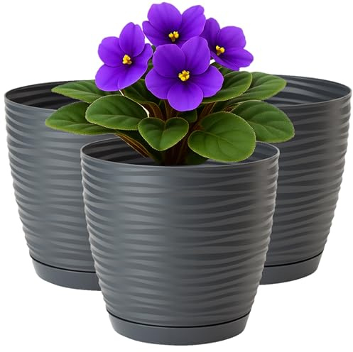 Home Garden Ornaments Lot de 3 Pots de Fleurs Ø 17 cm en Plastique avec Soucoupe et Trous de Drainage – Cache-Pots Intérieur Extérieur – Design Ondulé – Anthracite