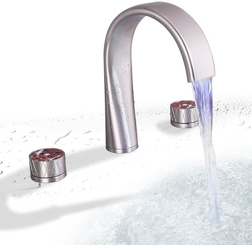 SKOWLL Römisches Badewannenarmatur-Set, Deckmontage, Wasserfall-Badewannenarmatur, 3 Löcher, 2 Griffe, weit verbreiteter römischer Wannenhahn mit LED-Lichtern, Badewannenauslauf hoher Durchfluss