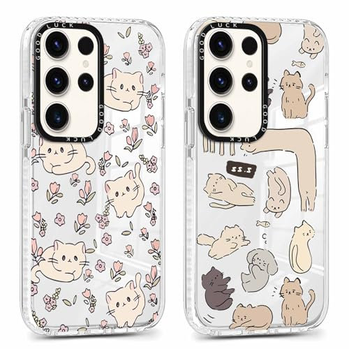 Xylota 2 Stück Transparent Handyhülle für Samsung Galaxy S23 Ultra 5G 6,8 Hülle, Durchsichtig Case Muster Niedlich Katze Mädchen Schutzhülle, Weich Silikon TPUStoßfeste Cover für Samsung S23 Ultra,07