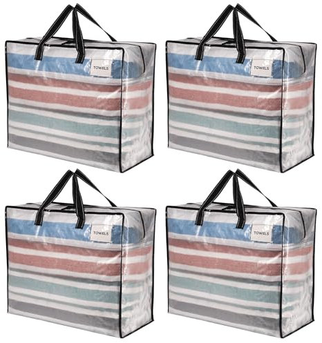 VENO 84 Liter Extra Groß Aufbewahrungstasche mit starke Griffe und Reißverschlüssen für Umzug, Aufbewahrungsboxen, Kleideraufbewahrung, Unterbett Aufbewahrungsbox,Reisetasche (M Transparent,4-er Set)