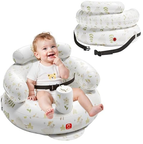 QPAU Silla Hinchable para Bebé con Bomba Incorporada, Silla para Bebés para Sentarse (3-9 Meses), Silla Hinchable Portátil para Bebé con Arnés de Seguridad (patos)