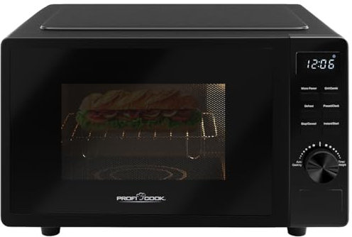 ProfiCook Mikrowelle mit Grill 20L | Mikrowelle ohne Drehteller für gleichmäßige Wärmeverteilung | Mikrowelle schwarz mit Timer und Auftaufunktion | inkl. Grillrost: 23 x 20cm,1150W | PC MWG 1278
