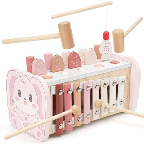 Joyreal Wooden Montessori Toys for 18+ Months Old - Educational Hammering Pounding Baby Toy With Xylophone Magnetic Fishing Game Birthday Gifts For 2 3 4 Year Olds Boys Girls