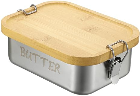 SUMNACON Beurrier en acier inoxydable avec couvercle en bambou, 850 ml, support de beurre de cuisine pour comptoir, peut contenir 1 beurre de la côte ouest pour réfrigérateur (sans beurre)