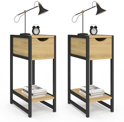 IDMarket - Lot de 2 Tables de Chevet Detroit 1 tiroir avec Tablette Bois et métal Noir Design Industriel