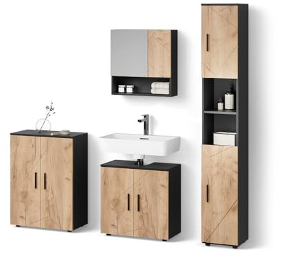 Livinity Badmöbel-Set Ronco Goldkraft Eiche/Anthrazit | 4 Teile, mit Hochschrank und Kommode