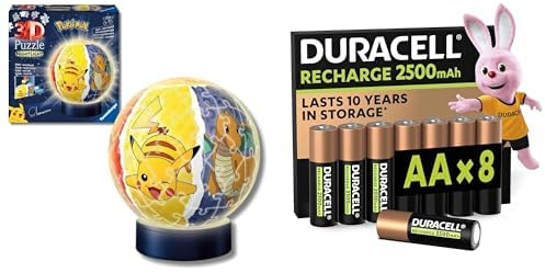 Ravensburger 3D Puzzle-Ball Pokémon LED Nachtlicht, 6+ Jahre, & Duracell AA Akkus 8 Stück, 2500mAh