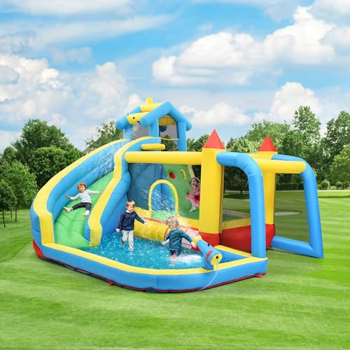 Lekvvied Castillo Hinchable Infantil, con soplador, Castillo Hinchable 5 en 1 para niños de 3 a 10 años, Castillo Hinchable Exterior con tobogán, Zona de Salto, Piscina y portería de fútbol