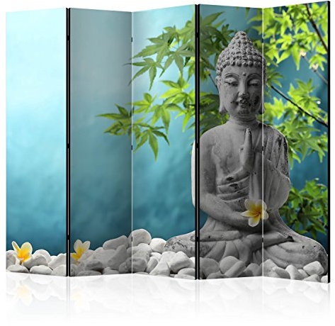 RAUMTEILER/PARAVENT B&D XXL - Paravent Raumteiler Innen Spa Zen Foto Paravent Buddha 225x172 cm einseitig auf Vlies-Leinwand Bedruckt Trennwand Spanische Wand Sichtschutz Raumtrenner grau blau grün