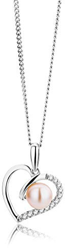 MIORE Collier pour femme - Design cœur - En argent sterling 925 - Avec perle de culture d'eau douce rose de 6 mm et 12 zircones - Chaîne en argent - Chaîne gourmette - Bijou pour femme de bijoutier,