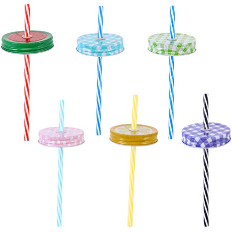 BESTonZON Metall Deckel mit Stroh Loch Obst Stroh Loch Tumbler Deckel mit 8 Dekoration Deckel / 8 gestreiften Kunststoff Stroh Set / 1 Pinsel Set (zufällige Farbe)