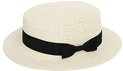 Elonglin Femme et Enfant Chapeau de Paille de Soleil Panama Capeline Chapeau Porkpie avec Nœud Papillon Crème Adulte- Blanc Adulte - TAILLE UNIQUE
