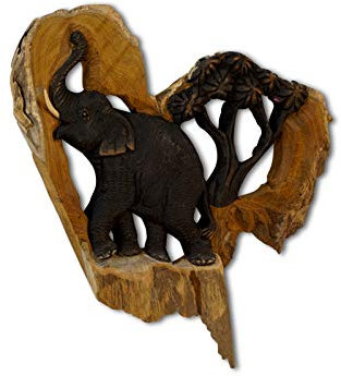 Kinaree Elefanten Wandrelief Schnitzerei - Wandbild Elefanten - verschiedene Größen - Handgemachte Schnitzerei (S - 1 Elefant)