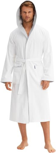 Morgenstern Bademantel Herren Kapuze 100% Baumwolle Frottee OEKO-TEX Velours Morgenmantel Lang Finn Weiß-Hellgrau XL