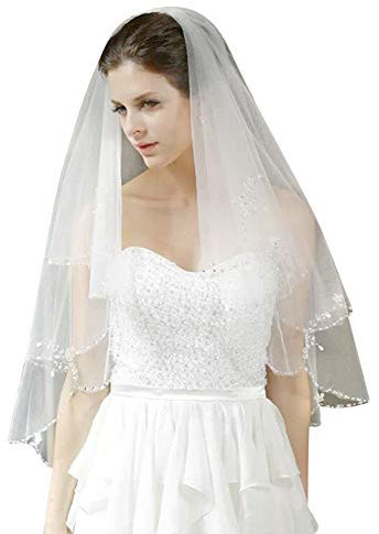 Brautschleier Braut Kapelle Schleier Perlen Deko Brautschleier Tüll Brautschleier mit Kamm Wedding Veil 2 Schicht Kurzer Schleier 80cm-100 cm lang Kathedrale Feintüll Weich Hochzeitsschleier Elegant