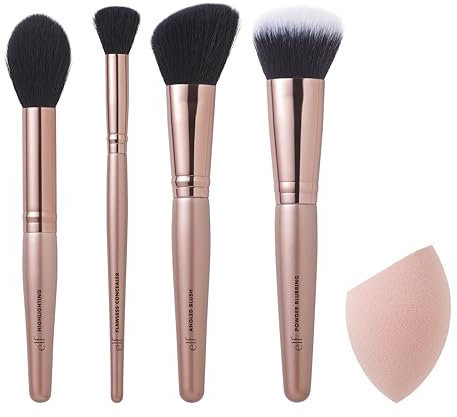 e.l.f. Cosmetics Complexion Essentials Pinsel & Schwamm-Set, Concealer, Puder, Rouge & Highlighter Pinsel & Total Face Schwamm für einen perfekten Teint