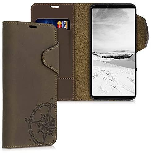 kalibri Wallet Case kompatibel mit Sony Xperia 10 III - Hülle Leder - Handy Cover Handyhülle Kompass Vintage Braun