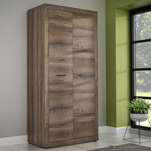 Forte Trass Kleiderschrank 95, 2-türiger Drehtürenschrank mit Einlegeboden, Holzwerkstoff, Schlammeiche Dekor, 93,1 cm breit, 197 cm hoch, 52 cm tief