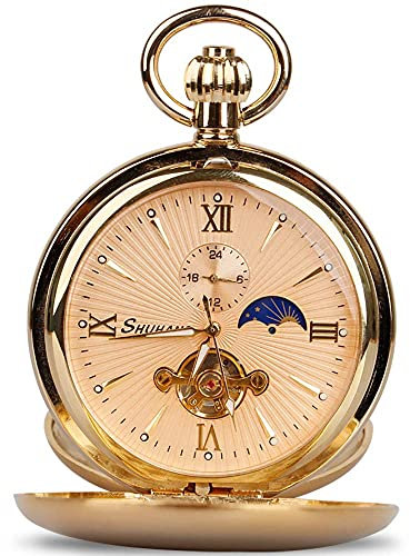 Tiong Doppelte Hunter Mechanische Tourbillon Mond Phase Taschenuhren Analoge Steampunk Antike Skelett Anhänger für Geburtstag