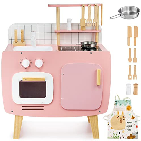 Mamabrum Cocina de Madera Infantil Estilo Retro Rosa - Cocinita con Horno, Fregadero y Accesorios - Set Completo con Delantal para Niños - 73cm Alto x 59cm Ancho