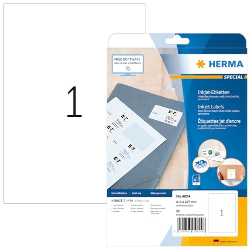 HERMA 4824 Universal Etiketten für Inkjet Drucker, 800 Blatt, 210 x 297 mm, 1 pro A4 Bogen, 800 Stück, selbstklebend, bedruckbar, matt, blanko Klebeetiketten Aufkleber für Tintenstrahldrucker, weiß