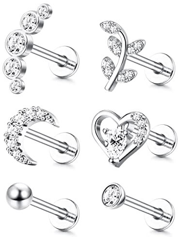 ADRAMATA 6Pcs 16G Knorpel Tragus Ohrstecker Für Damen Herren Ohrringe Innengewinde CZ Mond Herzblatt Helix Conch Labret Monroe Ohrpiercing Schmuck