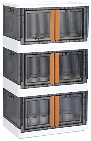 HAIXIN Plastic Storage Boxes - Collapsible Storage Bins, Wardrobe Closet Organiser, 95L Stackable Toy Storage, Foldable Plastic Storage Container with Door, Crate for Book Storage (3 Pack)