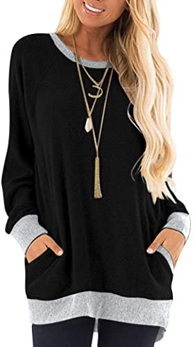 AUSELILY Langarm Tops Damen Rundhals Casual T-Shirts Lockere Blusen mit Taschen Schwarz Splice L