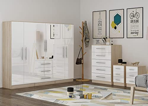 Unique Furnishings Gloss White Large Wardrobe Set - 6 Door 3 Drawers & Long Mirror + Chest Of Drawers + 2x Bedsides