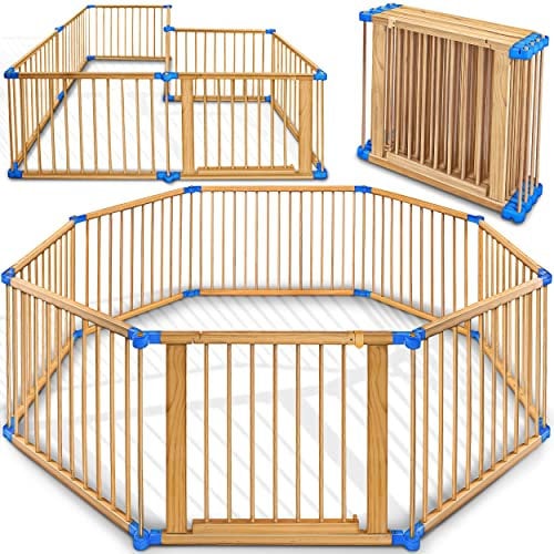 KIDUKU® 7,2 Meter Baby Laufgitter XXL klappbar inkl. Tür | Laufstall mit doppelter Sicherung | Absperrgitter für Kinder inkl. 8 Elementen | Krabbelgitter individuell formbar