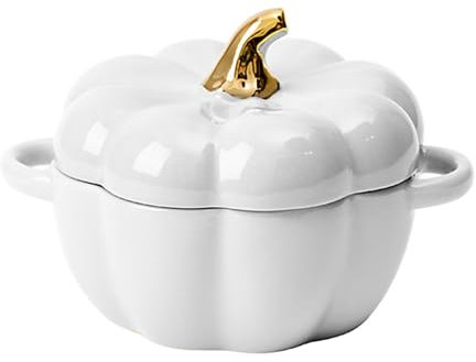 Dutch Oven Pot with Lid, Pumpkin Pottery Dessert Saucepan, Mini Baking Dish Cute Pumpkin Bowl, Covered Dutch Oven Ceramic Stockpot, White