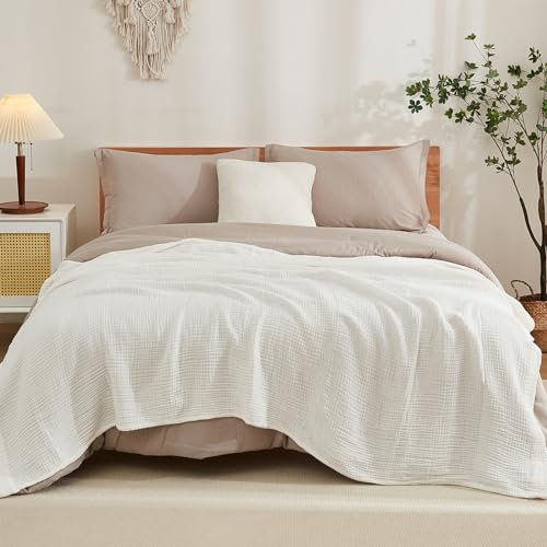 EMME Baumwolldecke 100% Musselin Decke Erwachsene 228 x 228 cm, Sofadecken Atmungsaktive Weiche Groß Decke Alle Jahreszeiten Vorgewaschen Couch Decken Baumwolle Tagesdecke,Weiß