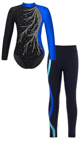 renvena Mädchen Gymnastikanzug mit Hose Leggings Turnanzug Langarm Bodysuit Trikot Body Lange Hose Skinny Tight Kinder Sport Ballett Kleidung Blau 146-152/11-12 Jahre