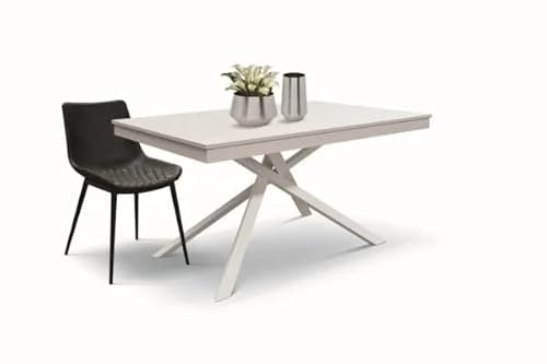 Mar.c.a. Design - Mesa extensible para comedor de metal y tablero con acabado de madera blanca, mesa de comedor de diseño decoración moderna, mesa de cocina de 140 x 80 x 77 cm + 1 extensión lateral