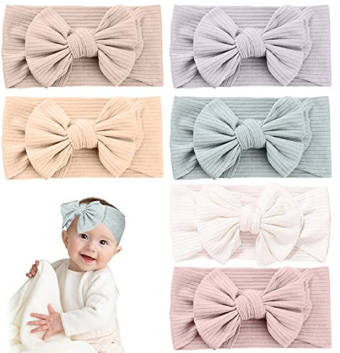 ZOCONE 6 PCS Baby Girl Bows Headband - Super Soft, Flexible Nylon Bow Knot - Newborn Headband for Baby Photography - Light Coloured Version