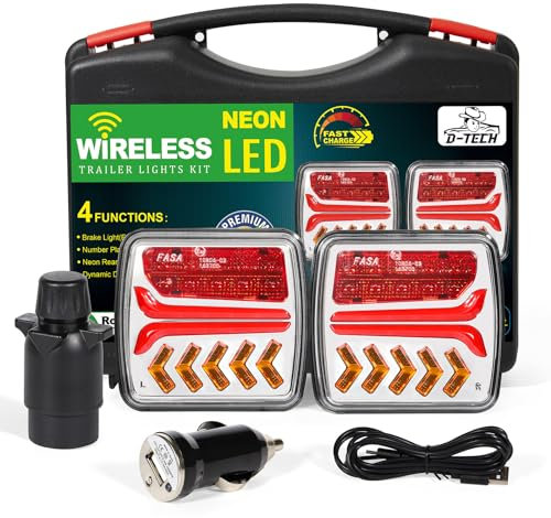D-TECH Kit de feux arrière de remorque magnétique sans fil 12V 24V pour remorque, camion,Rechargeable feux remorque Camion sans fil bluetooth,feux de remorque led etanche,Homologation ECE R10 EMC CE
