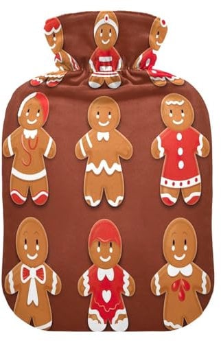 Christmas Red Gingerbread Man Hot Water Bottle with Cover Hot Water Bottles for Pain Relief Hand Feet Warmer Hot Water Bed Warmer for Cramps, 1L