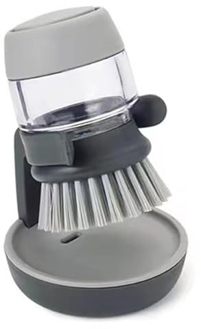 Dish Brush with Soap Dispenser, Dishwashing Kitchen Scrub Brushes Dish Scrubber with Holder Drip Tray, for Cleaning Pan, Pot, Sink(Grey)