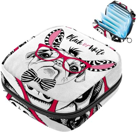 Aufbewahrungstasche für Damenbinden, niedlicher Mops, Schwarz / Weiß, tragbare Menstruationseinlage, Slipeinlagen, Tampons, Damenbinden, Aufbewahrungshalter für Damen, Schule, Büro