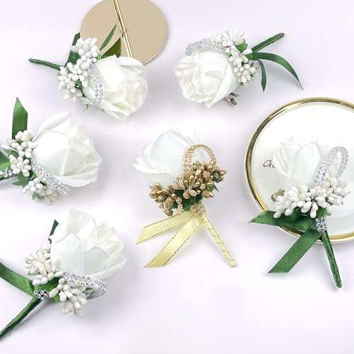 Ansteckblume für Herren, Hochzeits-Set, 6-teilig, Brautpaar, Trauzeugen, Ansteckblume mit Seidenrose, für Zeremonie, Jahrestag, Verlobung, formelle Dinner-Party, künstliche Blumen,