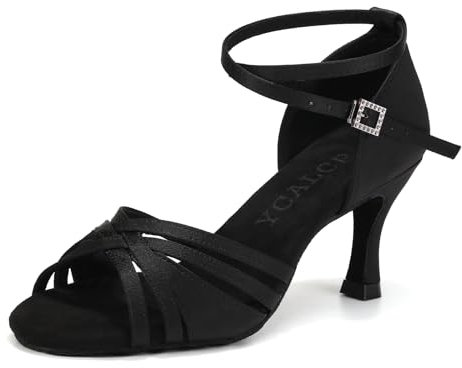 YCALCP Zapatos de Baile Latino Mujer Satin Profesional Salsa Bachata Tango Práctica Zapatos de Baile de Salon,L3049,7.5cm tacón,Negro,EU 38