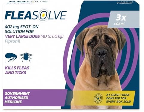 Dog Flea Treatment for Extra Large Dogs x 3 - Flea Treatment for Dogs XL Very Large Dog 40-60 kg - Spot-On Solution for Fleas and Tick Control - FleaSolve 3 Pipettes, 3 Doses